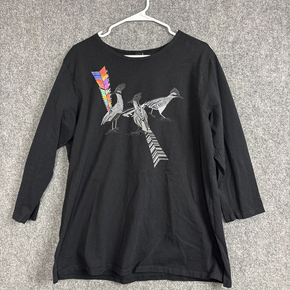 Sabaku Artwear Top Blouse Womens L Black Folk Art Animals Roadrunner